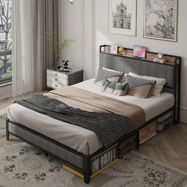 WONDER COMFORT Gray Metal Frame Full Platform Bed with Charging Station and Linen Upholstered Headboard, No Box Spring Needed