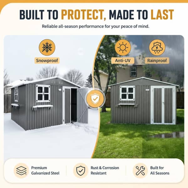 Grey 10 ft. x 8 ft. Weatherproof Metal Garden Storage Shed with