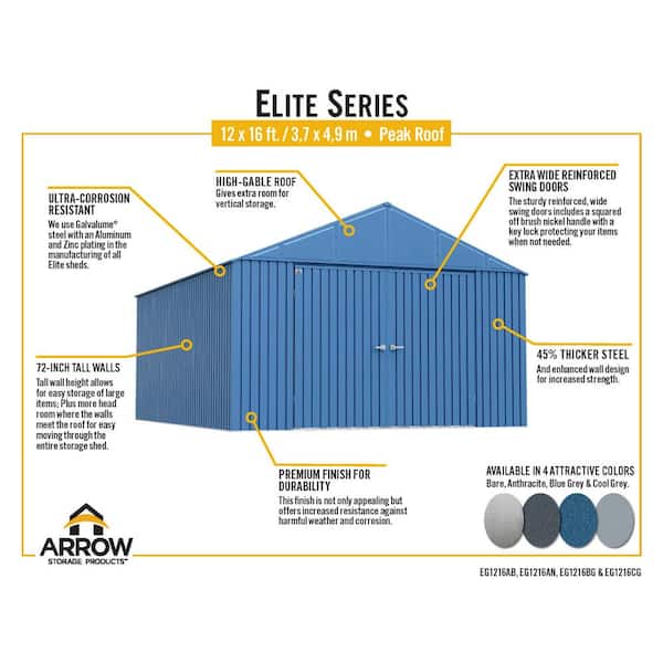 Arrow Elite Storage Shed 16 ft. W x 12 ft. D x 8 ft. H Metal Shed 192 sq. ft.