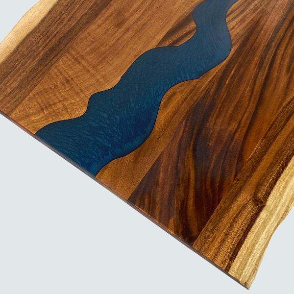 5 ft. L x 30 in. D UV Finished Saman Solid Wood Butcher Block Desktop Countertop with Live Edge and Blue Epoxy River