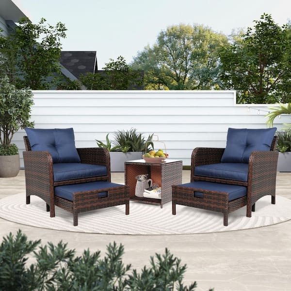 PATIOGUARDER 5-Piece Wicker Lounge Chair Outdoor Rattan Patio Conversation Set with Ottoman and Blue Soft Cushions