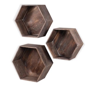 Wall Mount Hexagon Wooden Box Shelf :Distressed Walnut :Varying Sizes Set of 3