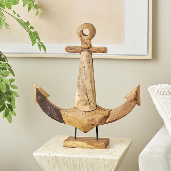 Litton Lane Brown Teak Wood Handmade in Anchor Sculpture with Mosaic Live Edge Pieces