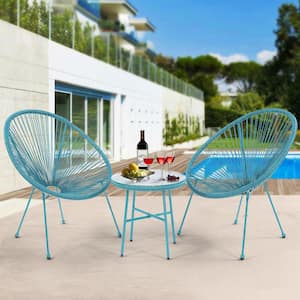 All Weather Blue 3-Piece Sling Patio Conversation Set with Side Table Outdoor Flexible Rope Furniture Rattan Chair Sets