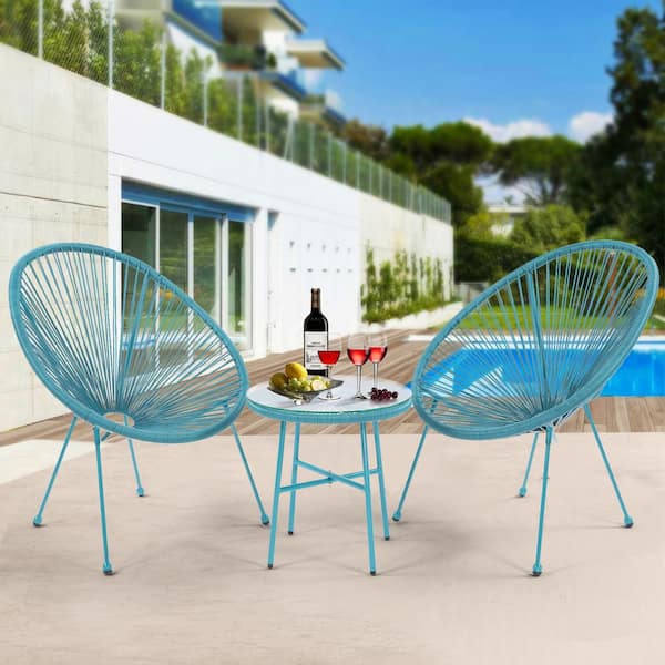 Unbranded All Weather Blue 3-Piece Sling Patio Conversation Set with Side Table Outdoor Flexible Rope Furniture Rattan Chair Sets