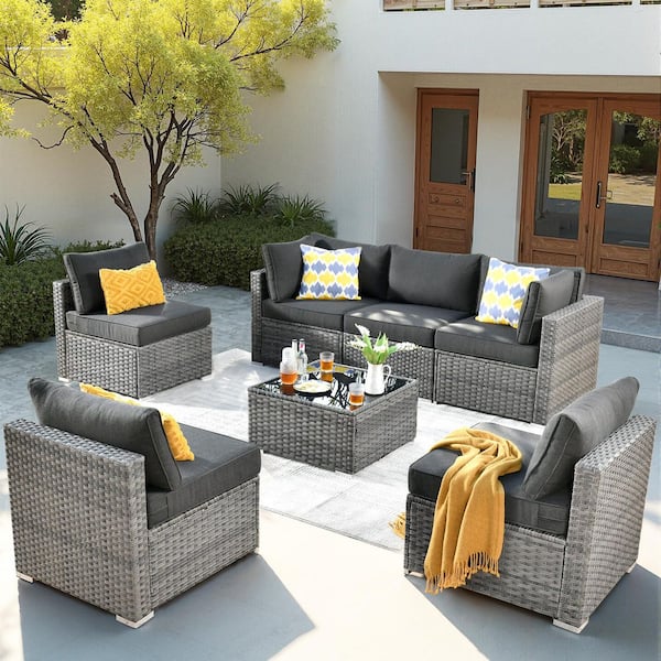 Messi Gray 7-Piece Wicker Outdoor Patio Conversation Sectional Sofa Set with Black Cushions