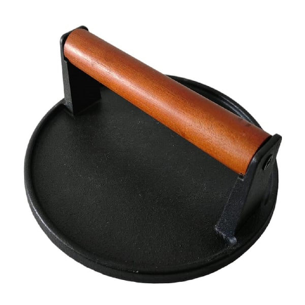7.08 in. Heavy-Duty Cast Iron Smash Burger Press with Wood Handle and Round Grill Press for Griddles and Grills, Black