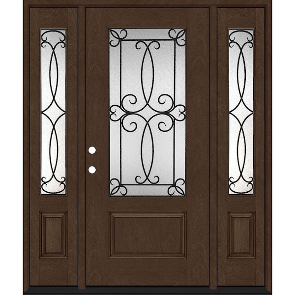 Steves & Sons Regency 68 in. x 80 in. 3/4Lite Georgian Decorative Glass RHIS Hickory Mahogany Fiberglass Prehung Front Door w/14in.SLs