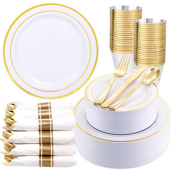 350-Piece Gold Plastic Dinnerware Set with Dinner Plates, Dessert Plates, Napkins and Cutlery for 50 Guests