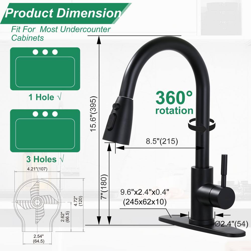 Matte Black Single Handle Pull-Down Kitchen Faucet with Deckplate