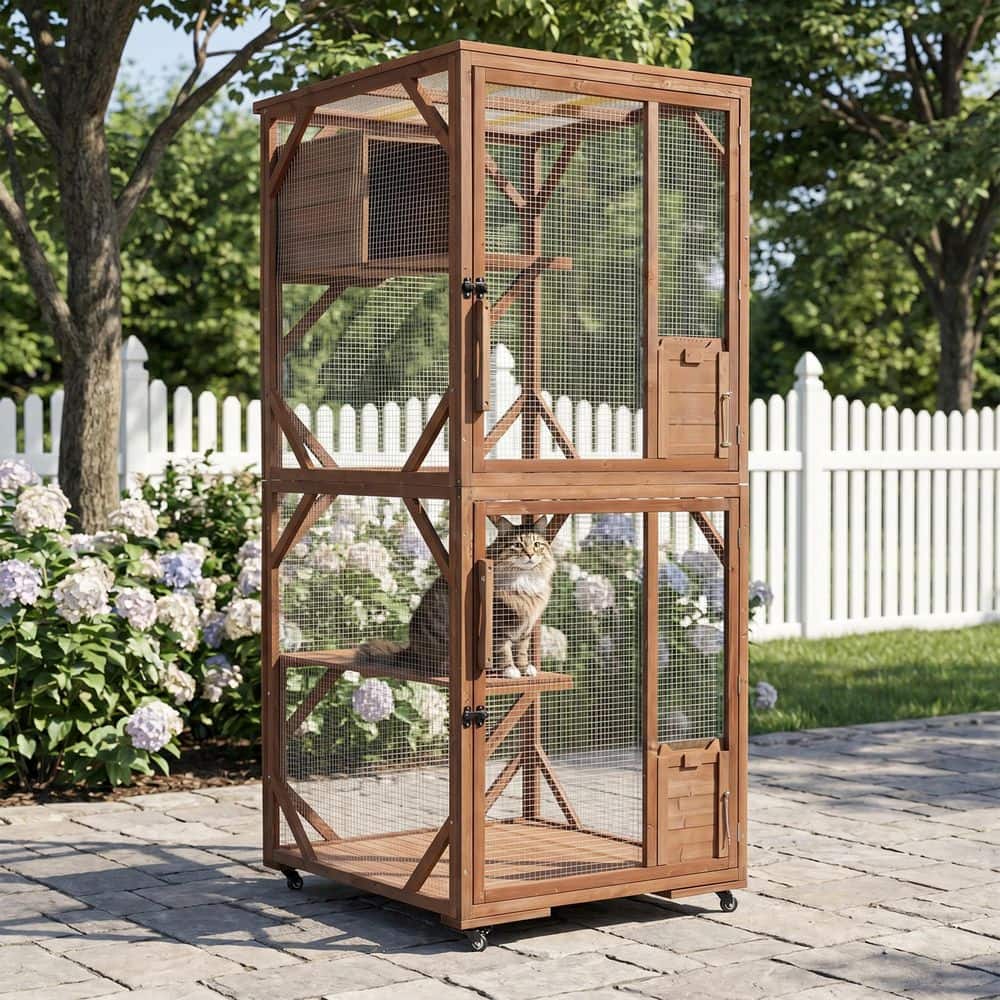 Outdoor Dark Brown Wooden Cat Enclosure Resting House with Lockable Wheels, Large price history on PriceWatchPro