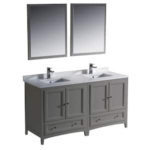 Oxford 60 in. Traditional Double Bath Vanity in Gray with Quartz Stone Vanity Top in White with White Basins and Mirrors