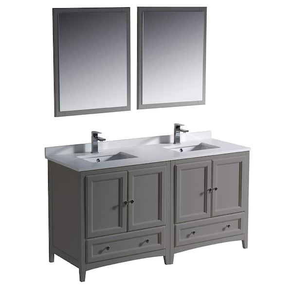 Oxford 60 in. Shaker-Style Double Sink Gray Bath Vanity with White Quartz Top and Mirrors