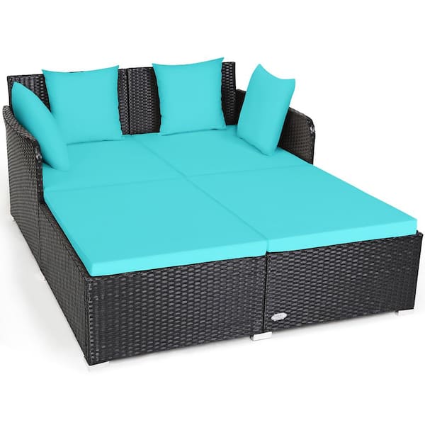 Gymax Wicker Patio Daybed Loveseat Sofa Yard Outdoor with Turquoise Cushions Pillows
