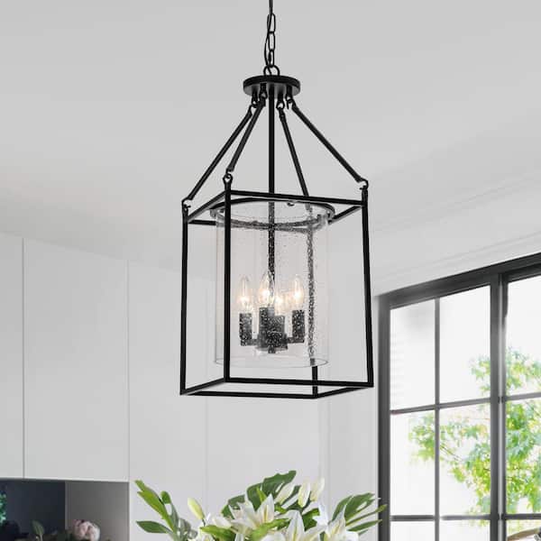 Dvorakova 4-Light Black Lantern Chandelier with Seedy Glass Shade for Kitchen Island