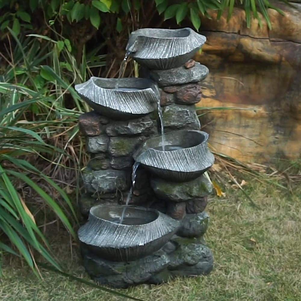 19 in. x 15 in. x 31.5 in. Grey 4-Tier Polyresin Cascading Rock Bowl Freestanding Water Tiered Fountain with LED Light price history on PriceWatchPro