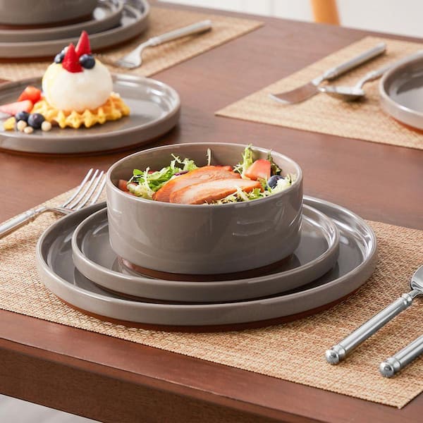 MALACASA 12-Piece Dark Gray and Khaki Stoneware Dinnerware Set