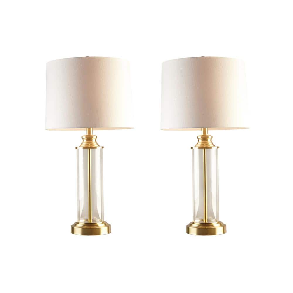 Gold and Clear Glass Cylinder Table Lamp Set with Drum Shades