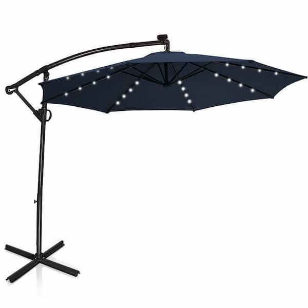 ANGELES HOME 10 ft. Aluminum Crank Lift Cantilever 360 Rotation Solar LED Lighted Offset Tilt Patio Umbrella in Navy