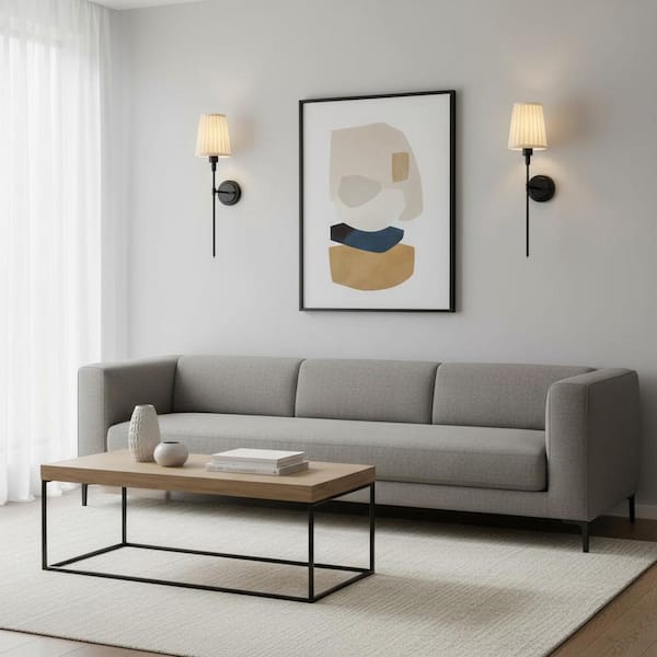 25 in. 1-Light Black Modern Wall Sconce Set of 2 with Pleated Fabric Shade, Wall Lights for Bedroom and Living Room