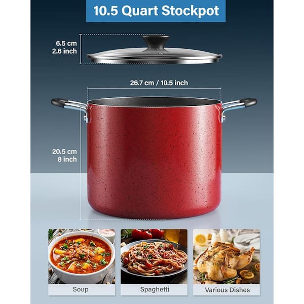 Cook N Home Nonstick Stockpot with Lid 10.5-Qt, Professional Deep Cooking Pot Canning Cookware Stock Pot with Glass Lid, Marble Red