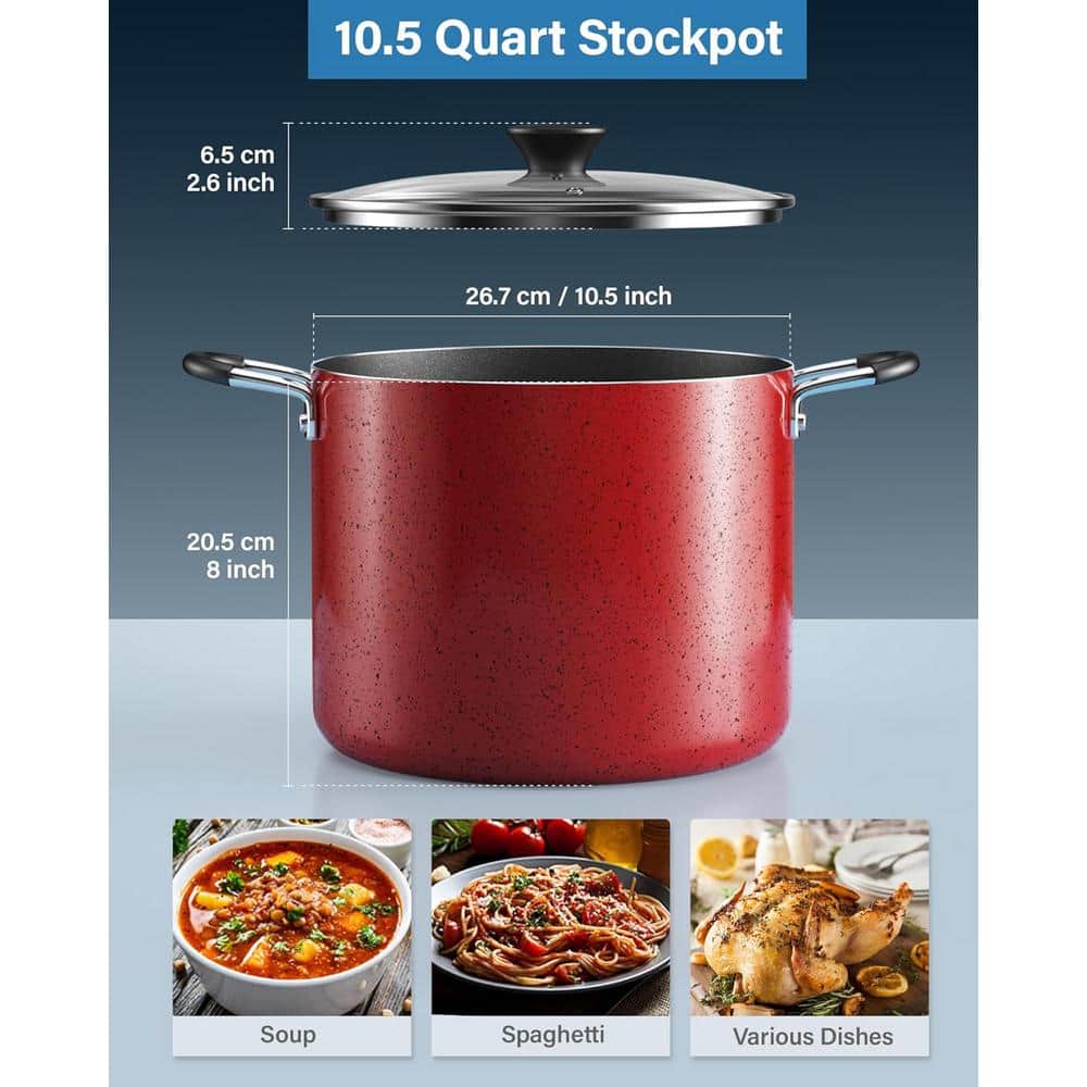 Marble Red 10.5-Qt Aluminum Nonstick Stockpot with Glass Lid