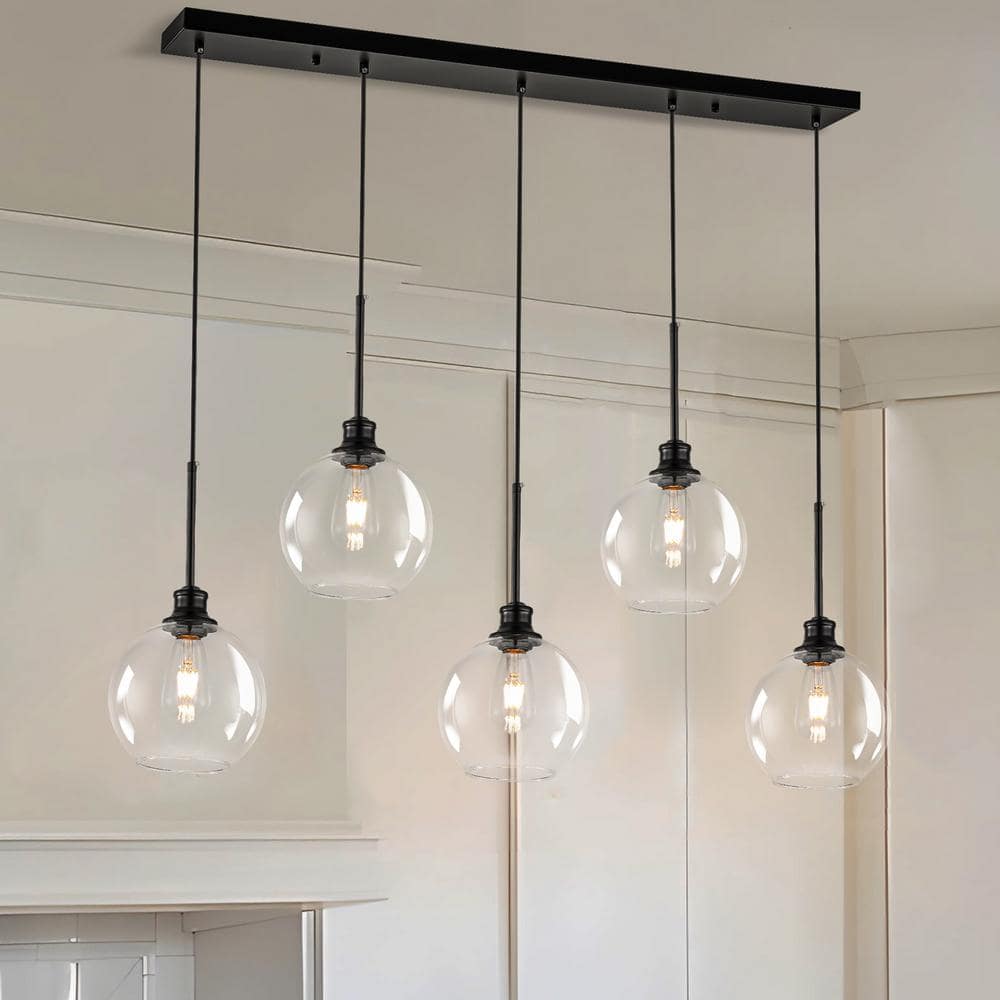 Modern/Contemporary 5-Light Black Globe Clear Glass Shade Hanging Pendant L