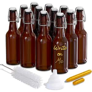 8.5 oz. Swing Top Amber Glass Beer Bottles with Bottle Brush, Funnel and Marker (Pack of 12)