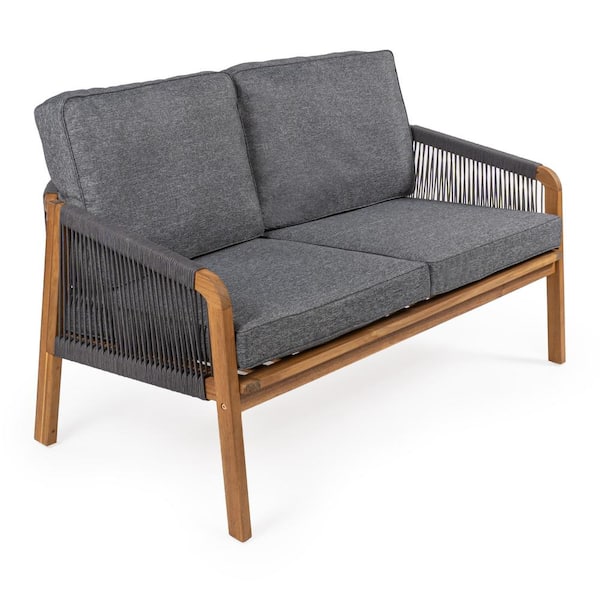 Arwen Modern Bohemian Roped Acacia Wood Outdoor Loveseat, Gray/Teak Brown with Cushions