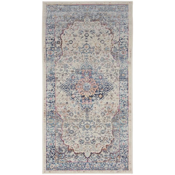 Vintage Kashan Ivory Blue 2 ft. x 4 ft. Bordered Traditional Area Rug