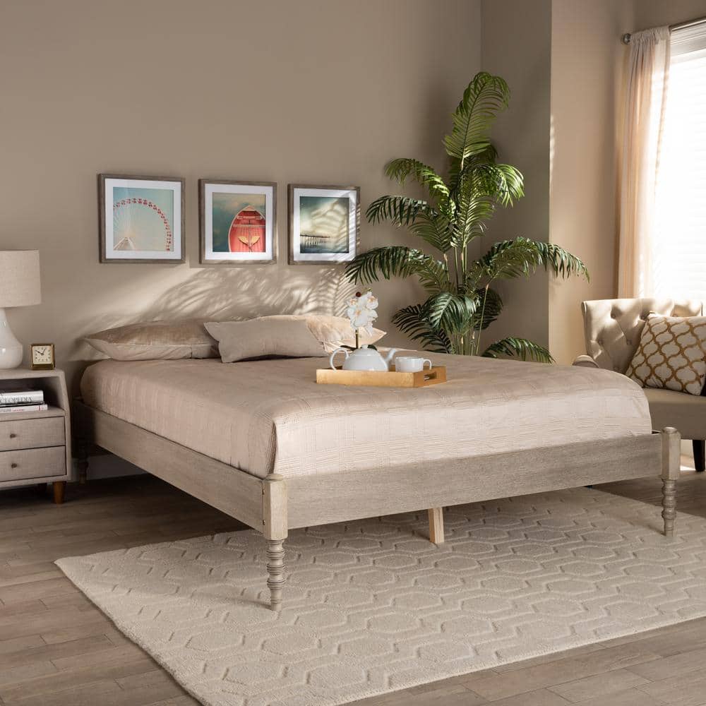 Antique White Oak Queen Wood Platform Bed Frame with Turned Legs
