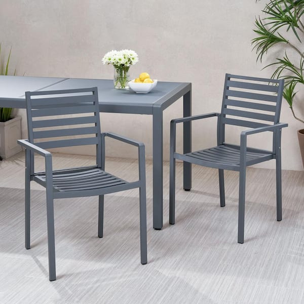 Noble House Cape Coral Gun Metal Grey Aluminum Outdoor Patio Dining Chair (2-Pack)