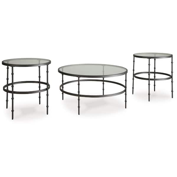 Signature Design By Ashley Kellyco 36 in. Gray Round Glass Coffee Table (Set of 3)