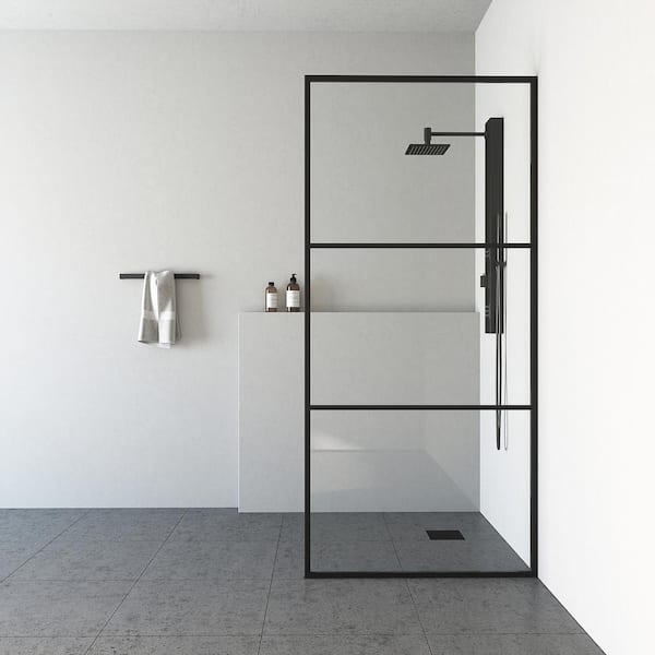 VIGO Divide 34 in. W x 74 in. H Framed Fixed Shower Screen Door in Matte Black with 3/8 in. (10mm) Clear Glass