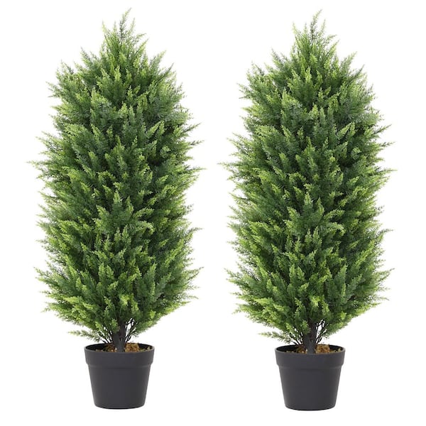 Unbranded 2 Pack 35 Inch Artificial Cedar Topiary Trees for Outdoor Front Porch Decor