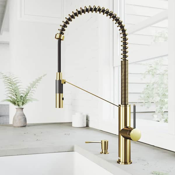 VIGO Livingston Single Handle Pull-Down Sprayer Kitchen Faucet Set with Soap Dispenser in Matte Brushed Gold