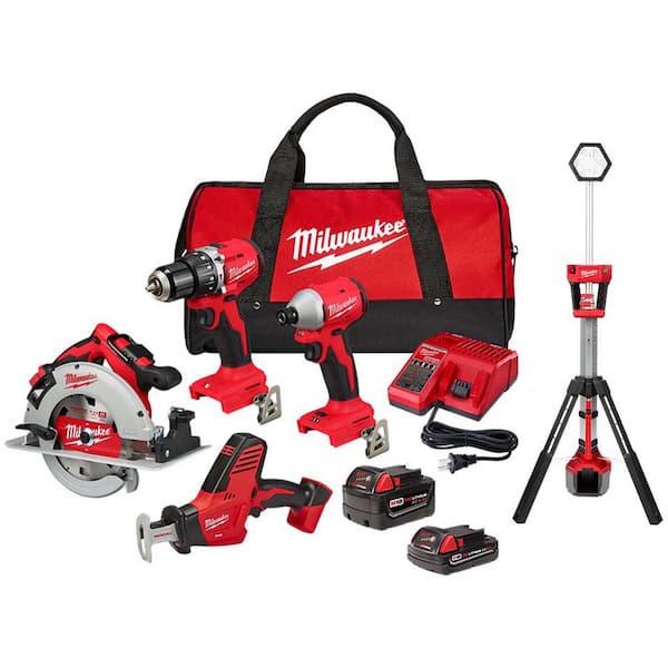 Milwaukee M18 18 Volt Lithium Ion Brushless Cordless Combo Kit 4 Tool with 2 Batteries 1 Charger and Tool Bag with Tower Light 3693 24CX 2131 20 The Home Depot