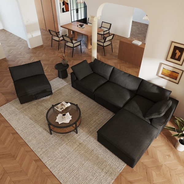 157 in. Square Arm 5-Piece Linen V Shape Modular Convertible Sectional Sofa with Storage Ottoman in Black for Party