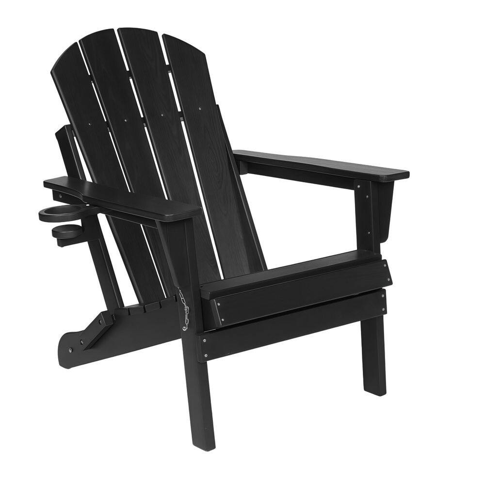 Black folding Adirondack chair shown from a front angle.