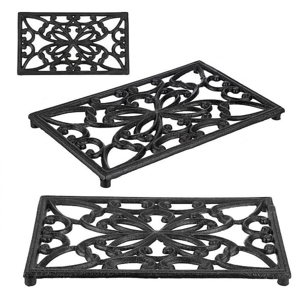 Rectangle Cast Iron Rustic Black Pizza Trivet 2-Pieces Heat Resistant Metal Hot Plate Pad for Kitchen Table