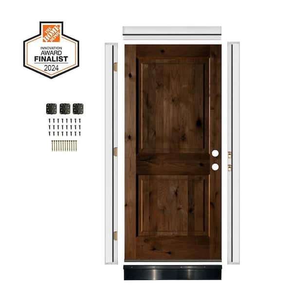 DIY 32 in. x 80 in. Knotty Alder Square Top Left-Hand Provincial Stain Wood Front Door Kit w/ Quick Assemble Jamb