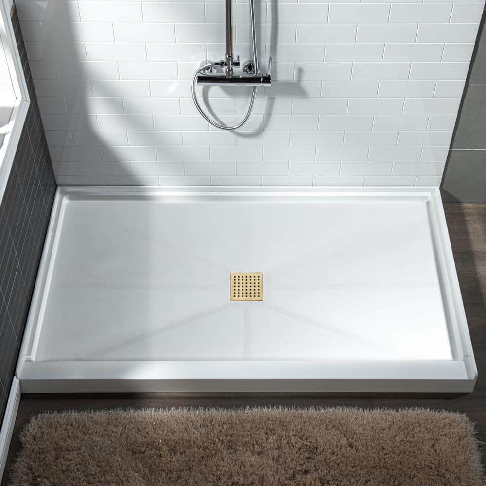 Krasik 60 in. L x 34 in. W Alcove Solid Surface Shower Pan Base with Center Drain in White with Brushed Gold Cover price history on PriceWatchPro