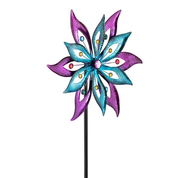 64 in. Tall Outdoor Floral Windmill Stake with Gems Kinetic Spinner, Purple and Aqua