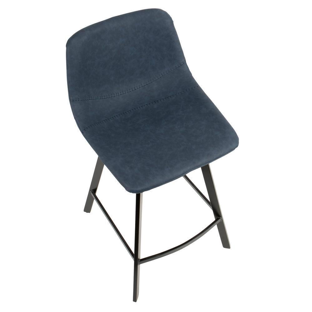 Contemporary Blue Faux Leather and Black Metal Counter Stool, Set of 2