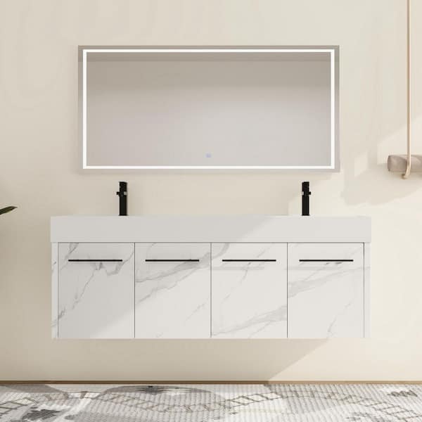 59.1 in. W x 18.1 in. D x 22.4 in. HWall Mounted Double CarraraWhite+White Bath Vanity with White Resin Top