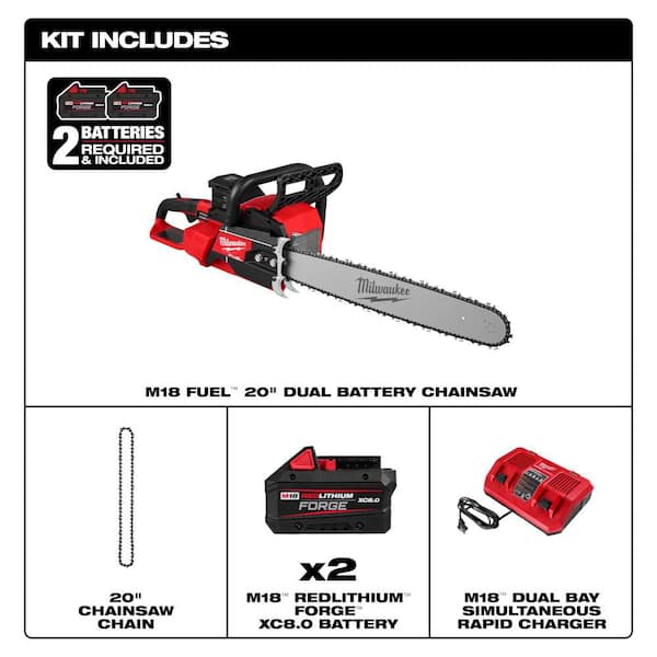 M18 FUEL 18V 20 in. Brushless Cordless Dual Battery Chainsaw Kit w/ Extra Chain, (2) 8.0 Ah FORGE Batteries, Charger