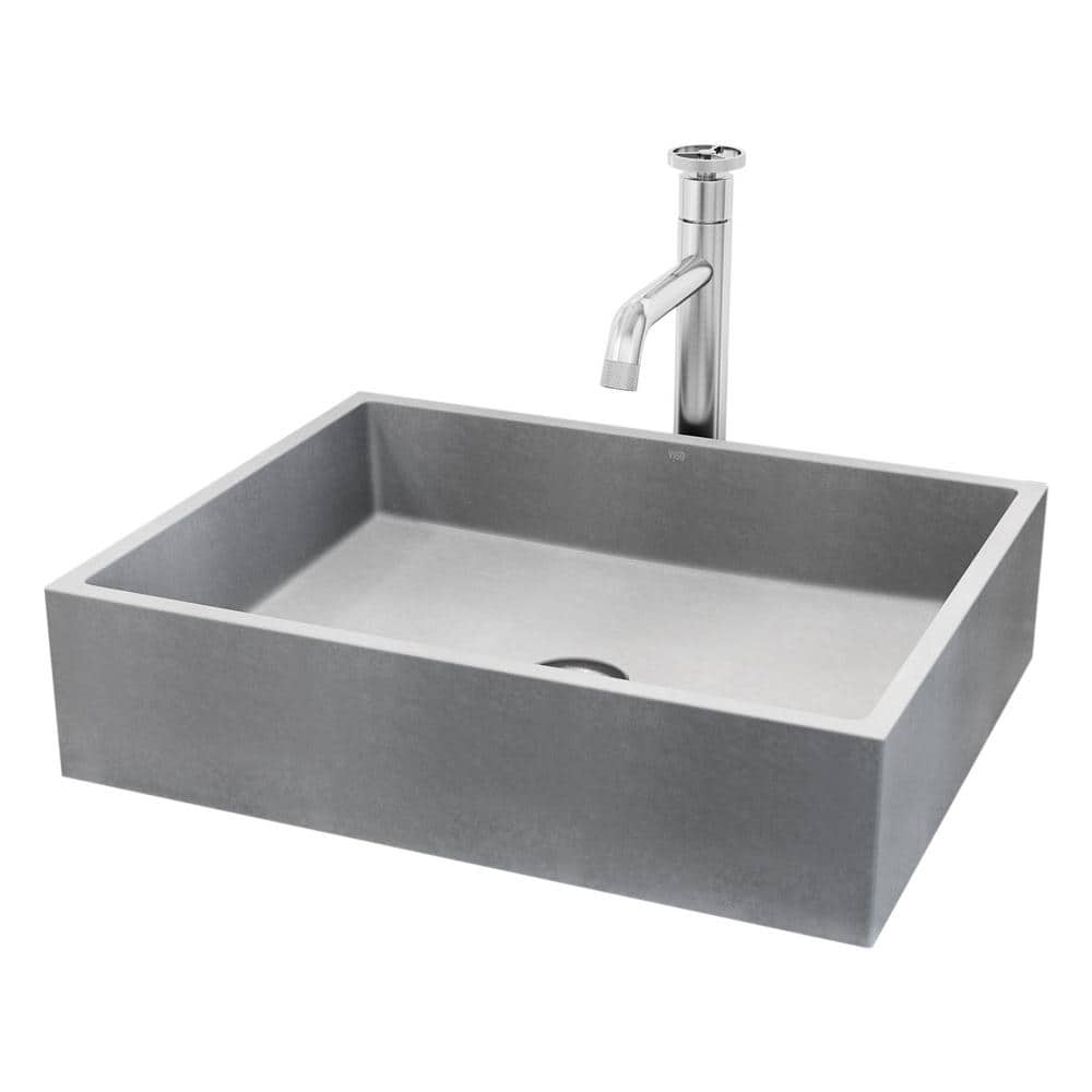 Gray Concrete Rectangular Vessel Sink with Brushed Nickel Faucet