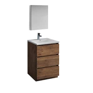 Lazzaro 24 in. Modern Bathroom Vanity in Rosewood with Vanity Top in White with White Basin and Medicine Cabinet