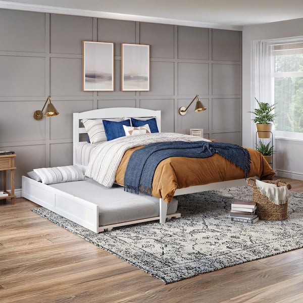 Warren 53-1/2 in. W White Full Solid Wood Frame with Twin Pull Out Trundle Bed and USB Charger Platform Bed