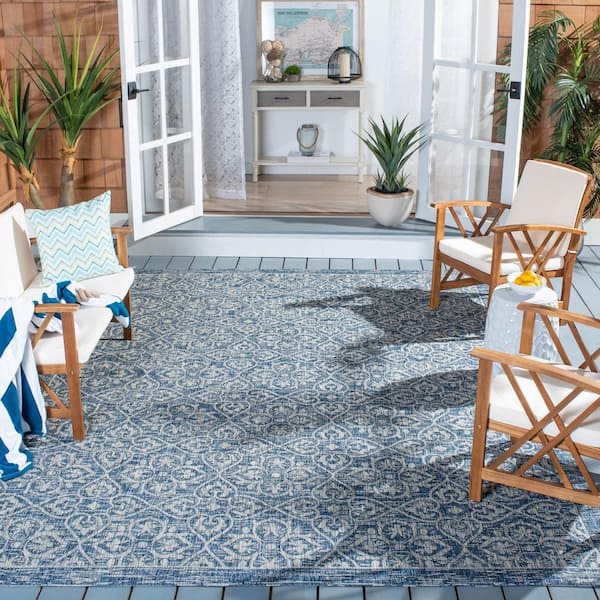 Courtyard Navy/Gray 5 ft. x 8 ft. Border Floral Indoor/Outdoor Area Rug